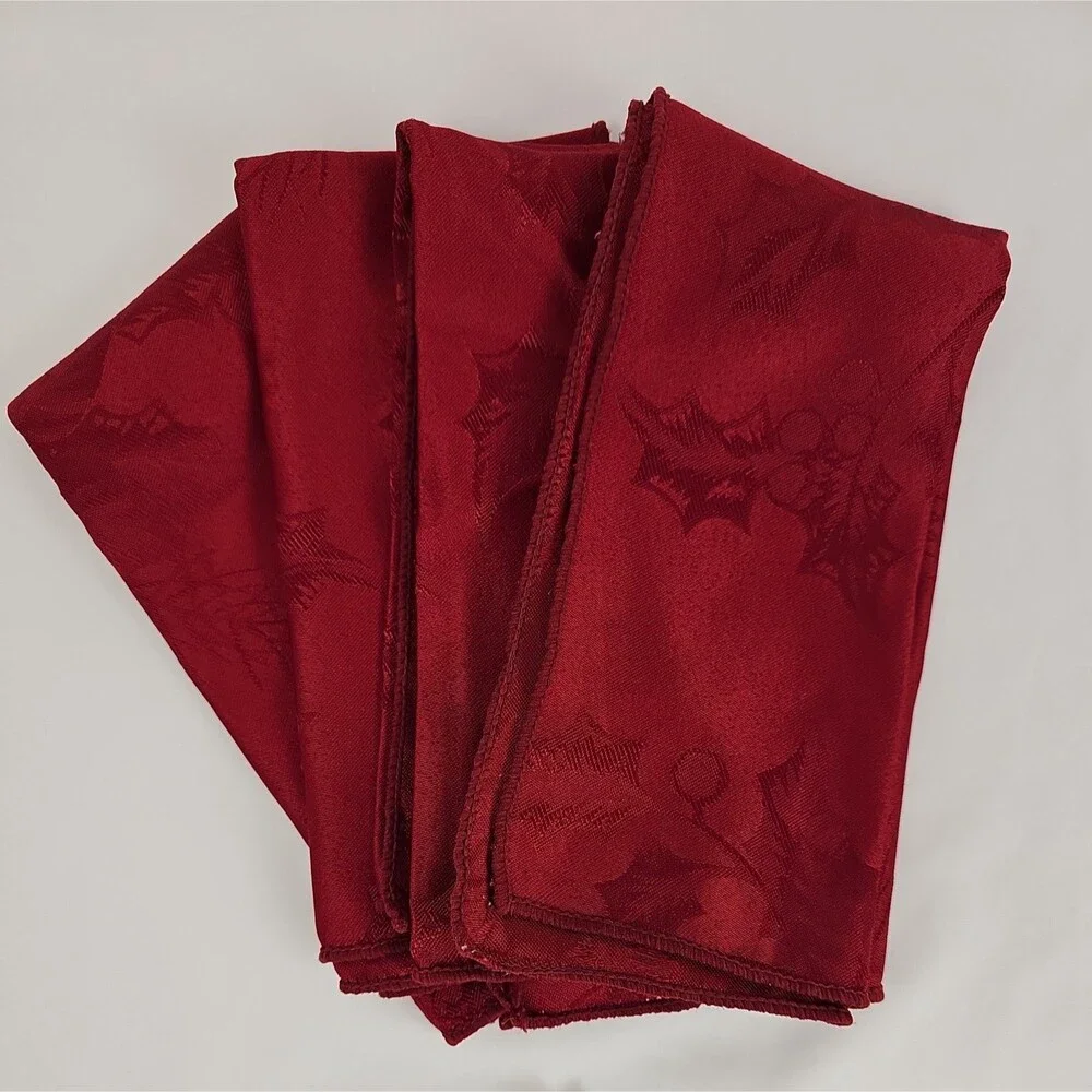 Lot of 7 Essential Home Cloth Napkins Red Cream Jacquard Polyester Holiday